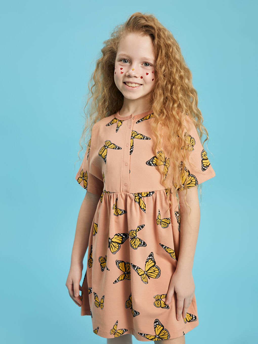 Turuncu Bisiklet Yaka Desenli Kısa Kollu Kız Çocuk Elbise-1