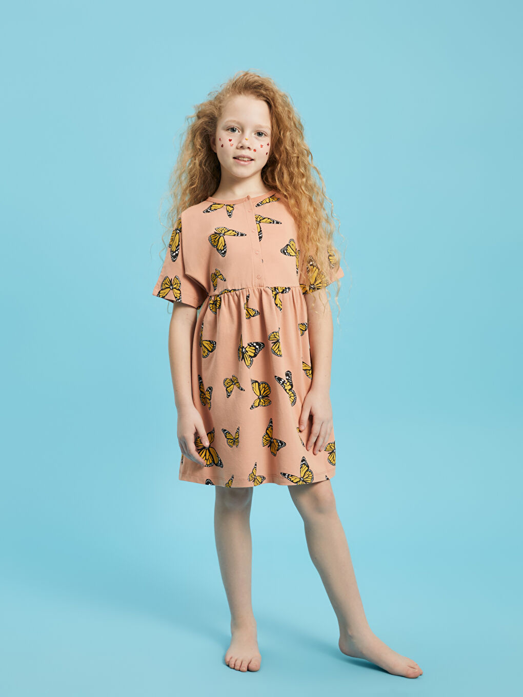 Turuncu Bisiklet Yaka Desenli Kısa Kollu Kız Çocuk Elbise-2