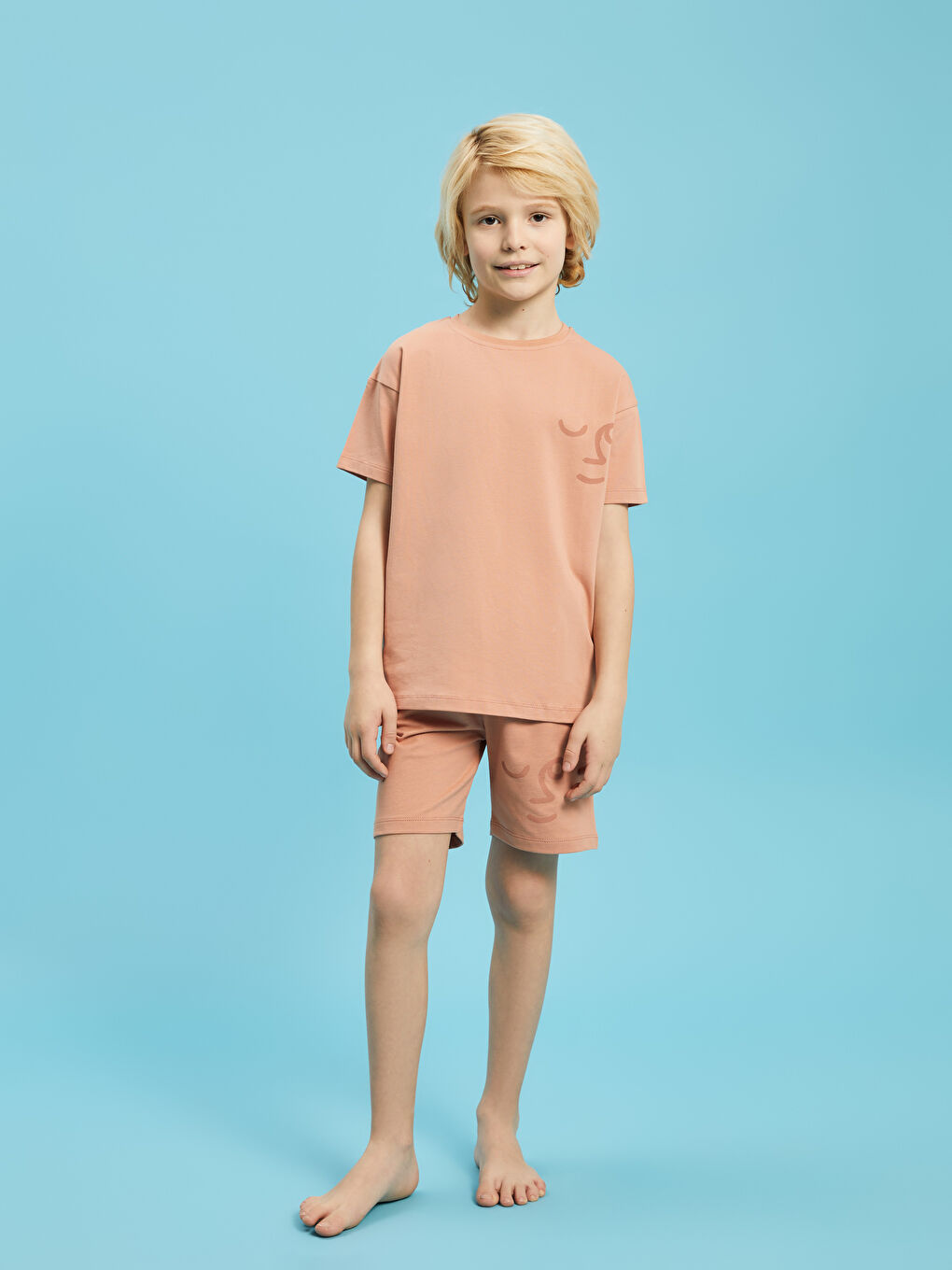 Pembe Bisiklet Yaka Baskılı Erkek Çocuk Şortlu Pijama Takımı