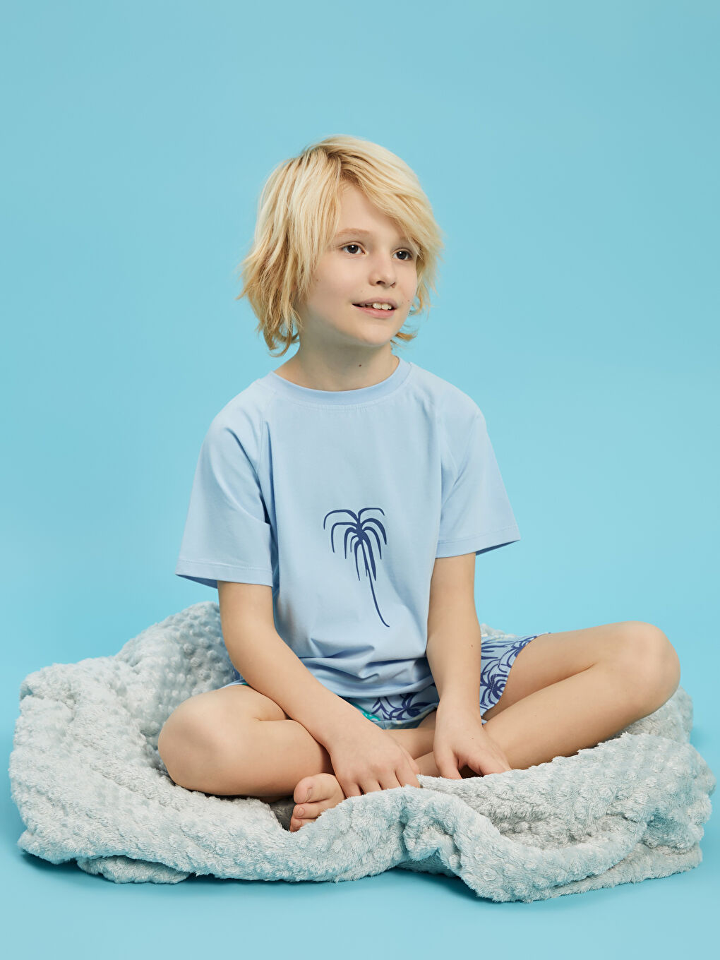 Mavi Bisiklet Yaka Baskılı Kısa Kollu Erkek Çocuk Şortlu Pijama Takımı