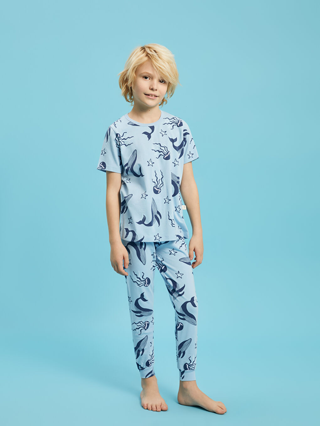 Mavi Bisiklet Yaka Baskılı Kısa Kollu Erkek Çocuk Pijama Takımı-1