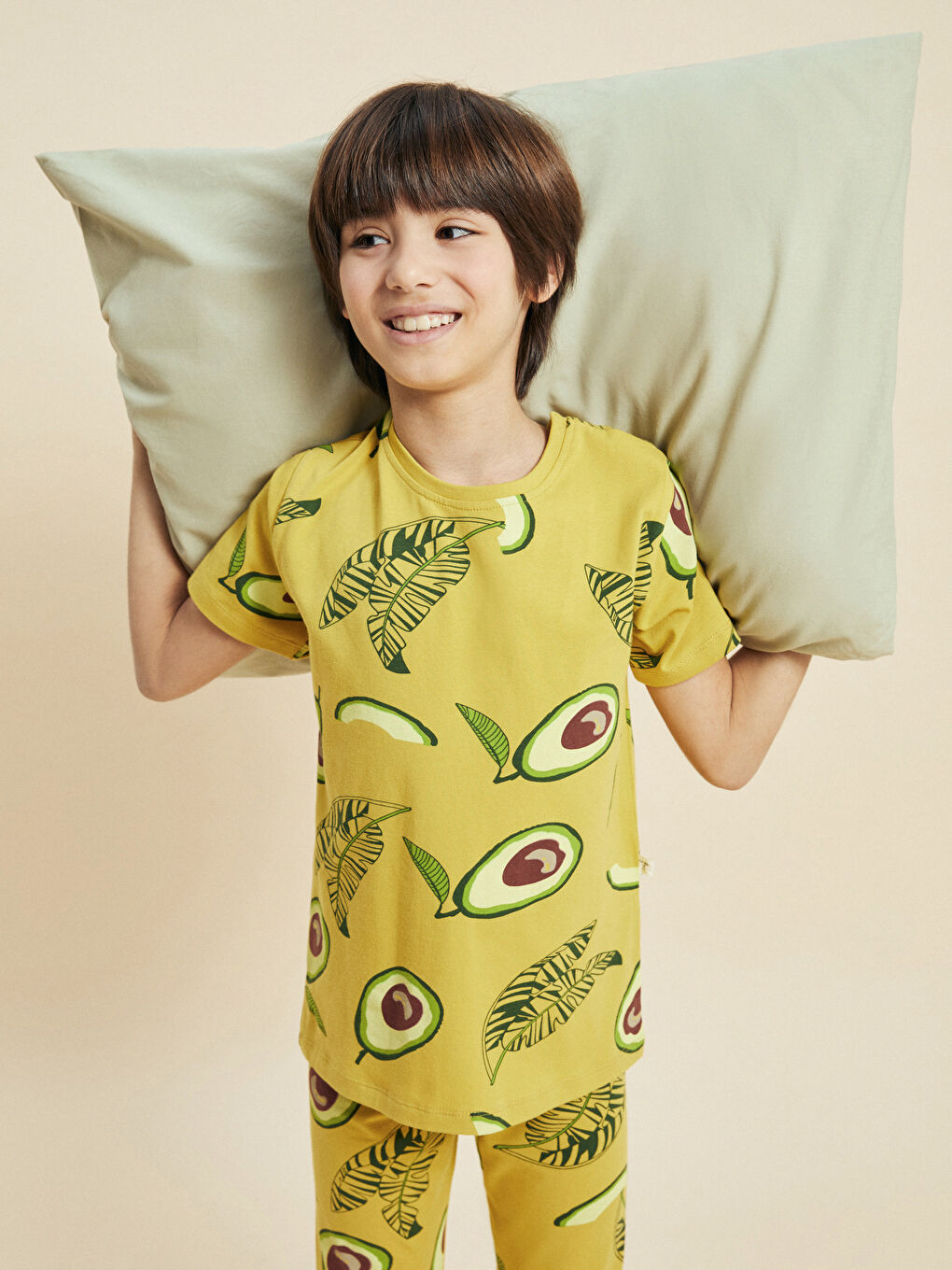 Kahverengi Bisiklet Yaka Baskılı Kısa Kollu Erkek Çocuk Pijama Takımı