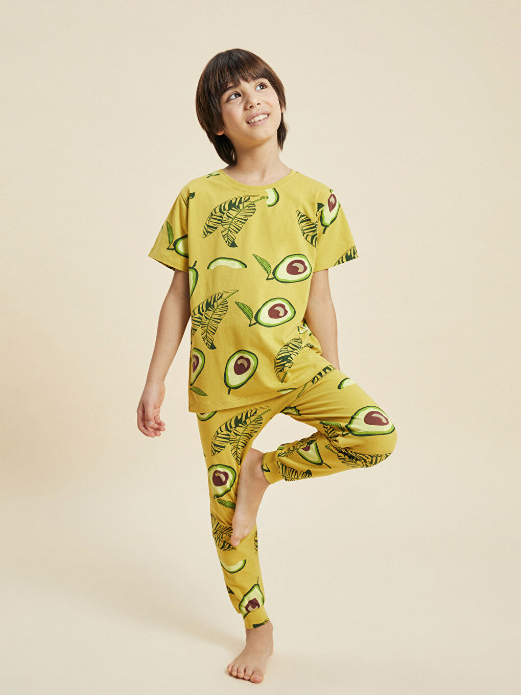 Kahverengi Bisiklet Yaka Baskılı Kısa Kollu Erkek Çocuk Pijama Takımı-1