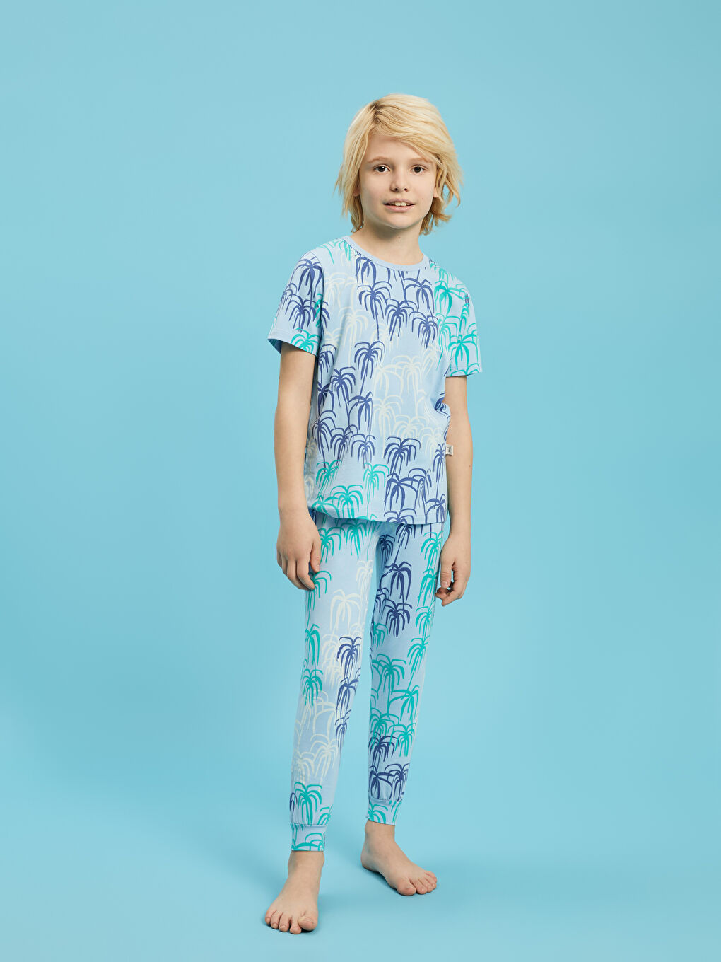 Mavi Bisiklet Yaka Baskılı Kısa Kollu Erkek Çocuk Pijama Takımı