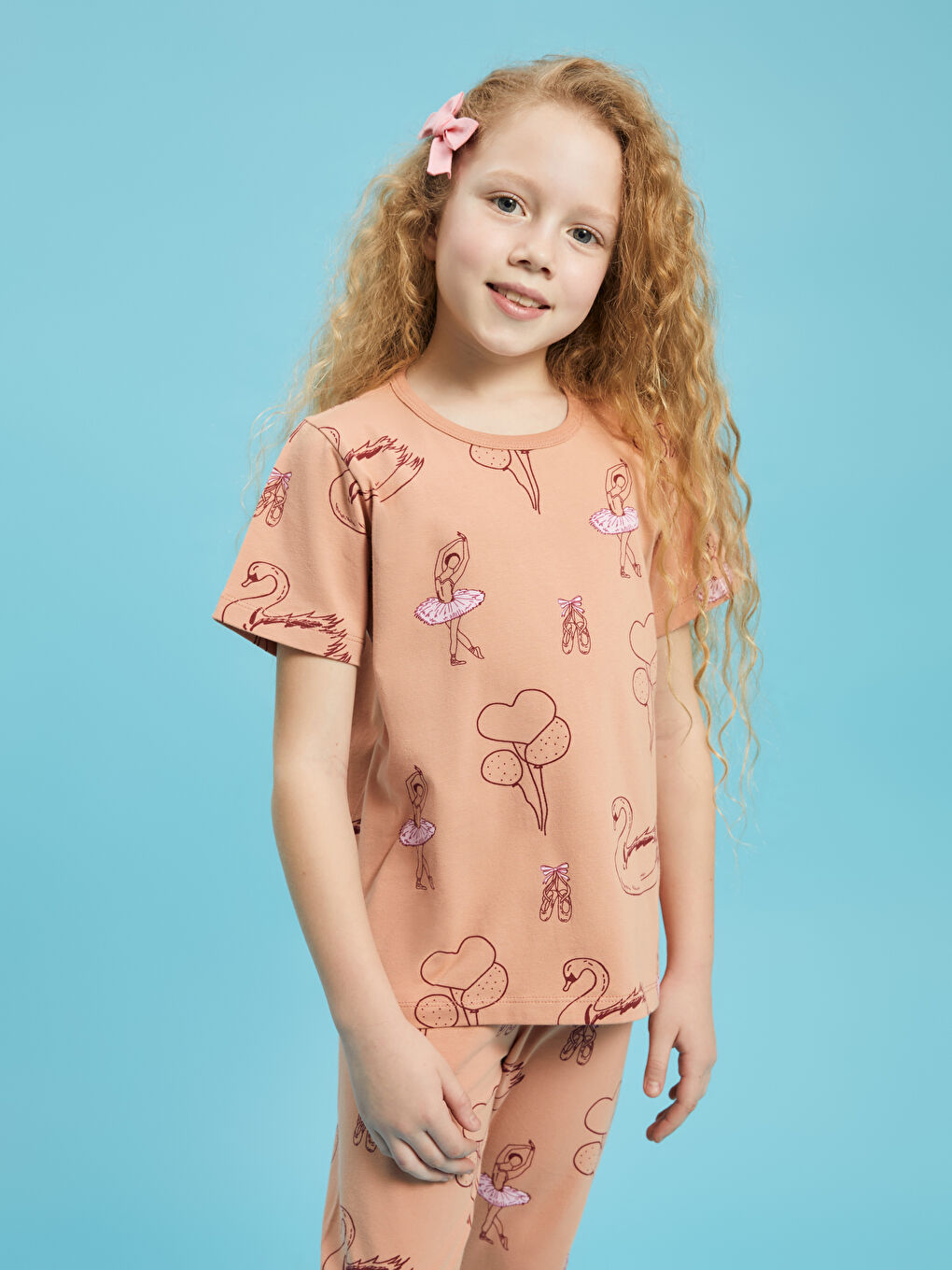 Mercan Bisiklet Yaka Baskılı Kısa Kollu Kız Çocuk Pijama Takımı-1