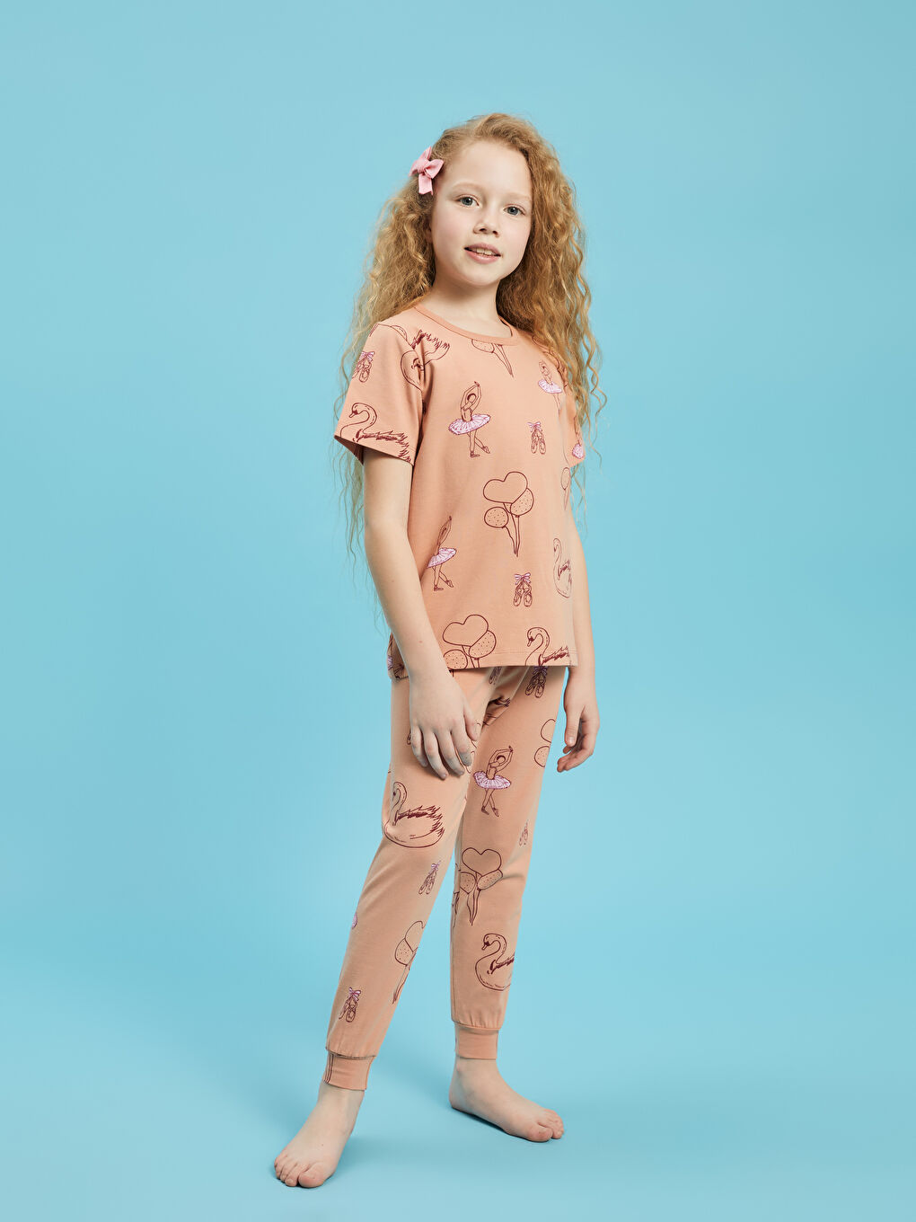 Mercan Bisiklet Yaka Baskılı Kısa Kollu Kız Çocuk Pijama Takımı-2