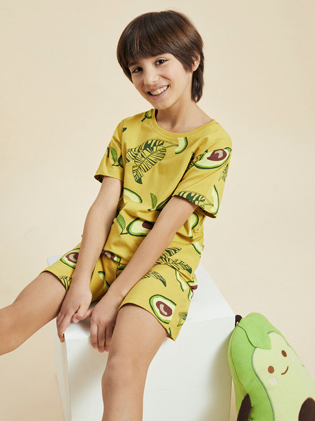 Kahverengi Bisiklet Yaka Baskılı Kısa Kollu Erkek Çocuk Şortlu Pijama Takımı