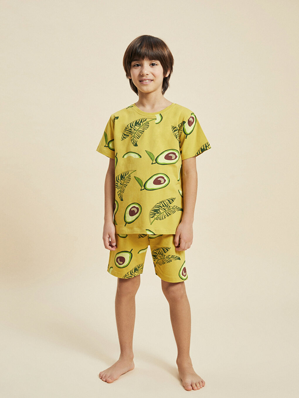 Kahverengi Bisiklet Yaka Baskılı Kısa Kollu Erkek Çocuk Şortlu Pijama Takımı-1