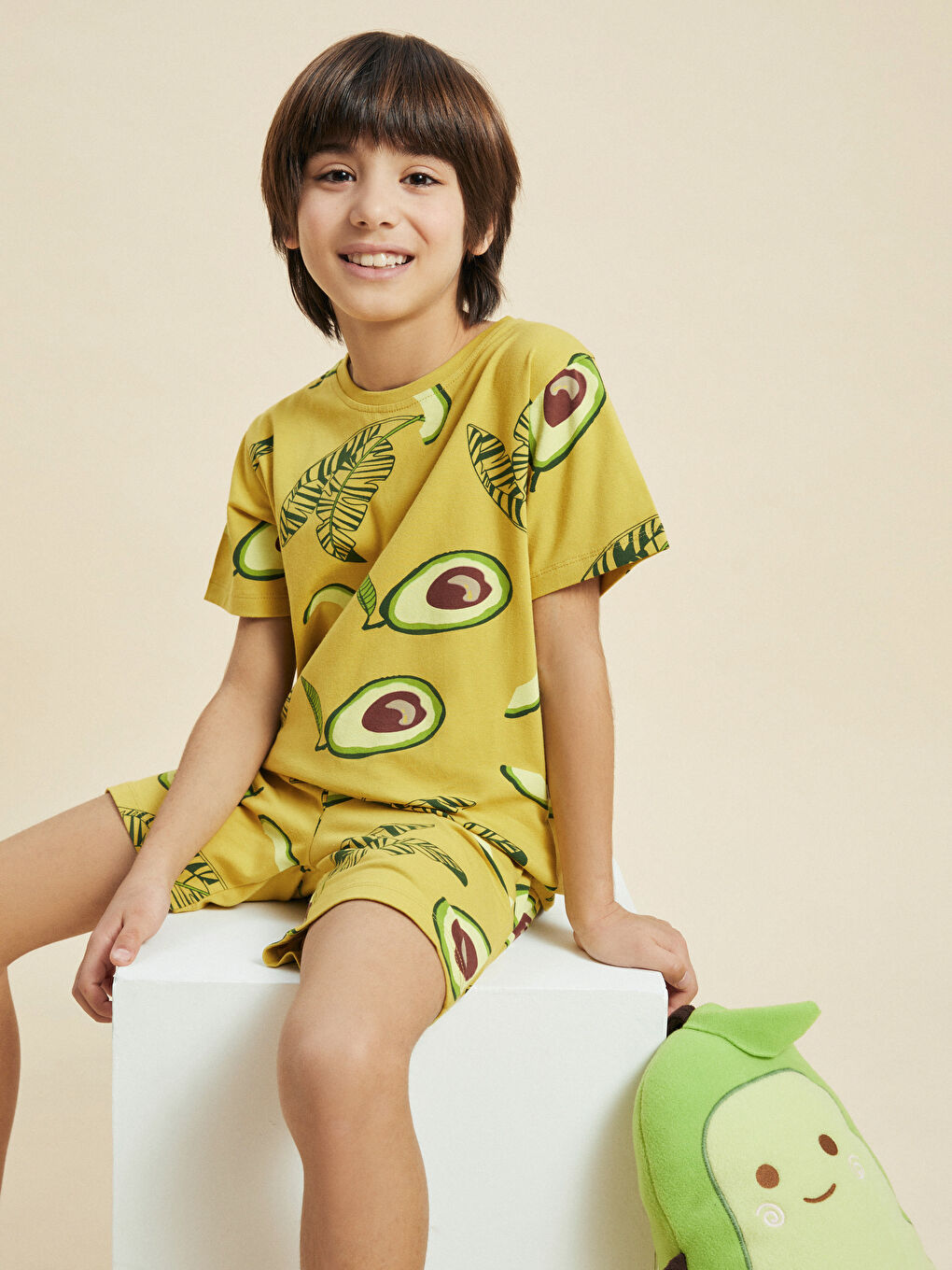 Kahverengi Bisiklet Yaka Baskılı Kısa Kollu Erkek Çocuk Şortlu Pijama Takımı-2