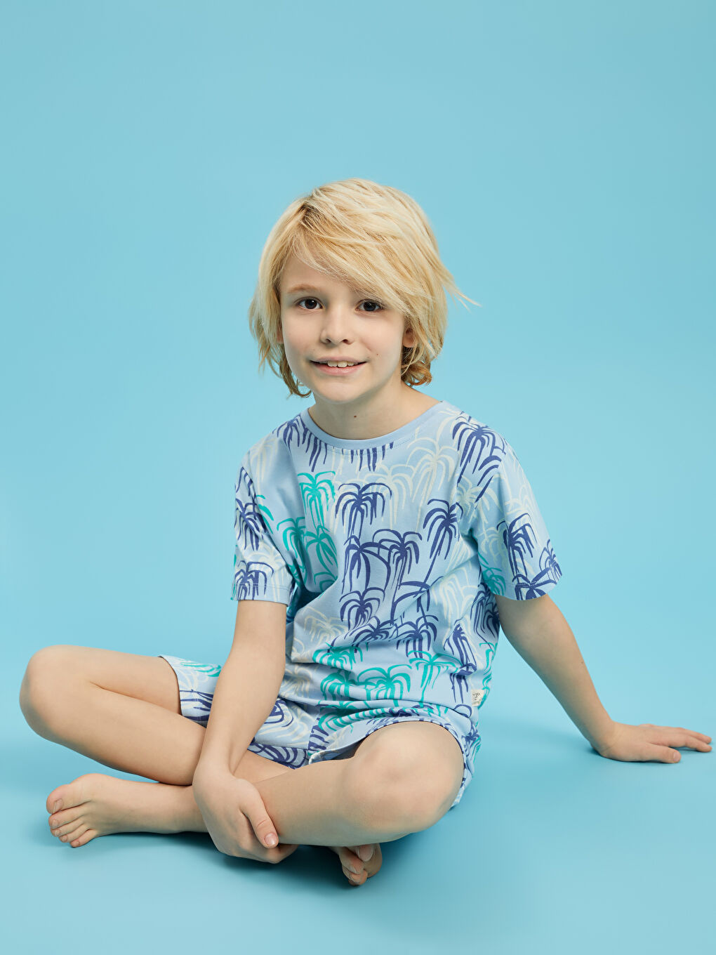 Mavi Bisiklet Yaka Baskılı Kısa Kollu Erkek Çocuk Şortlu Pijama Takımı