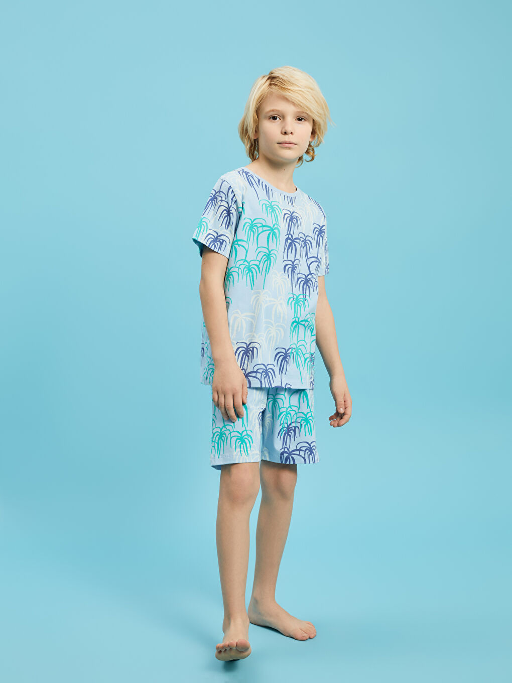 Mavi Bisiklet Yaka Baskılı Kısa Kollu Erkek Çocuk Şortlu Pijama Takımı-1