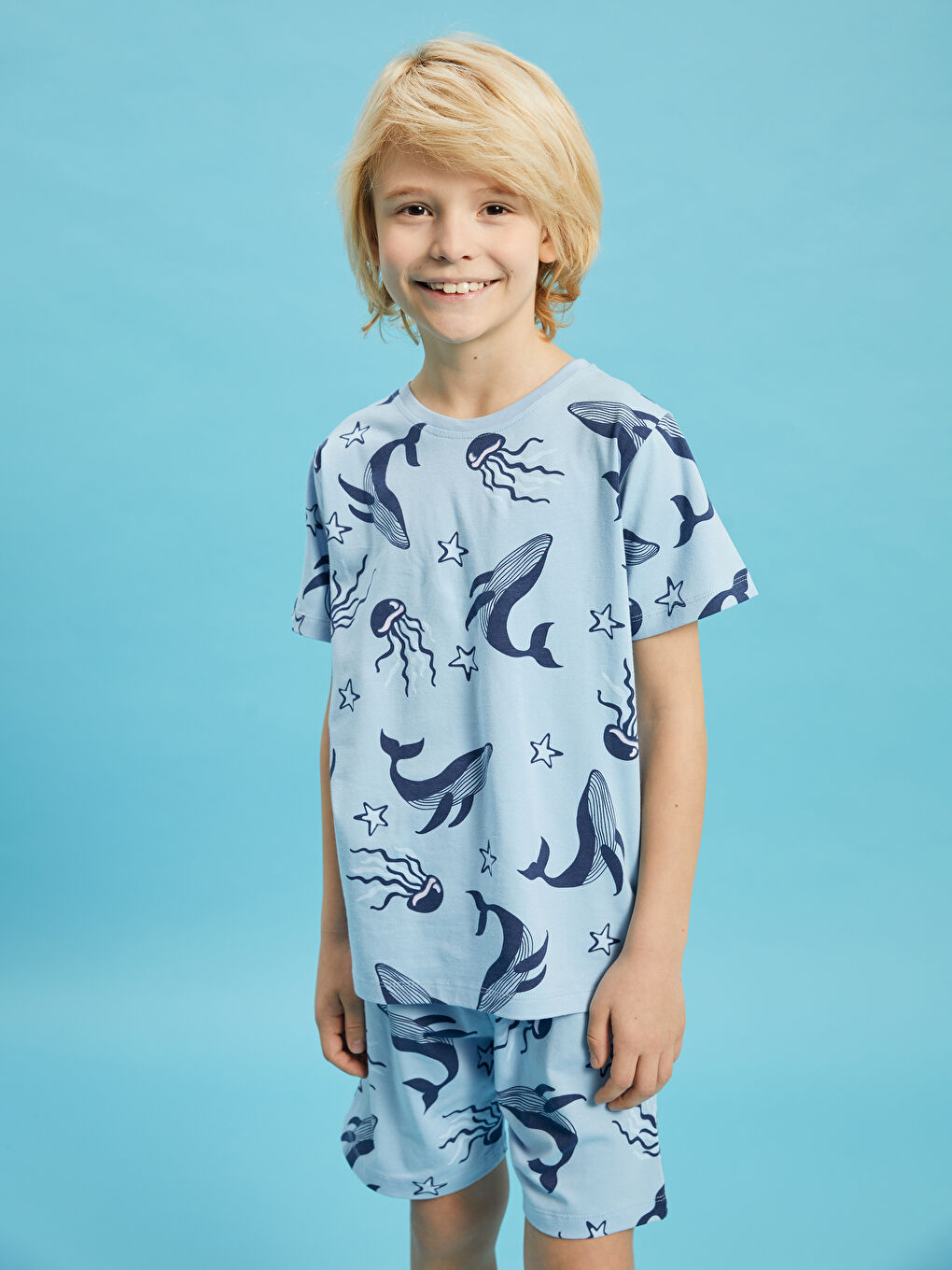 Mavi Bisiklet Yaka Baskılı Kısa Kollu Erkek Çocuk Şortlu Pijama Takımı