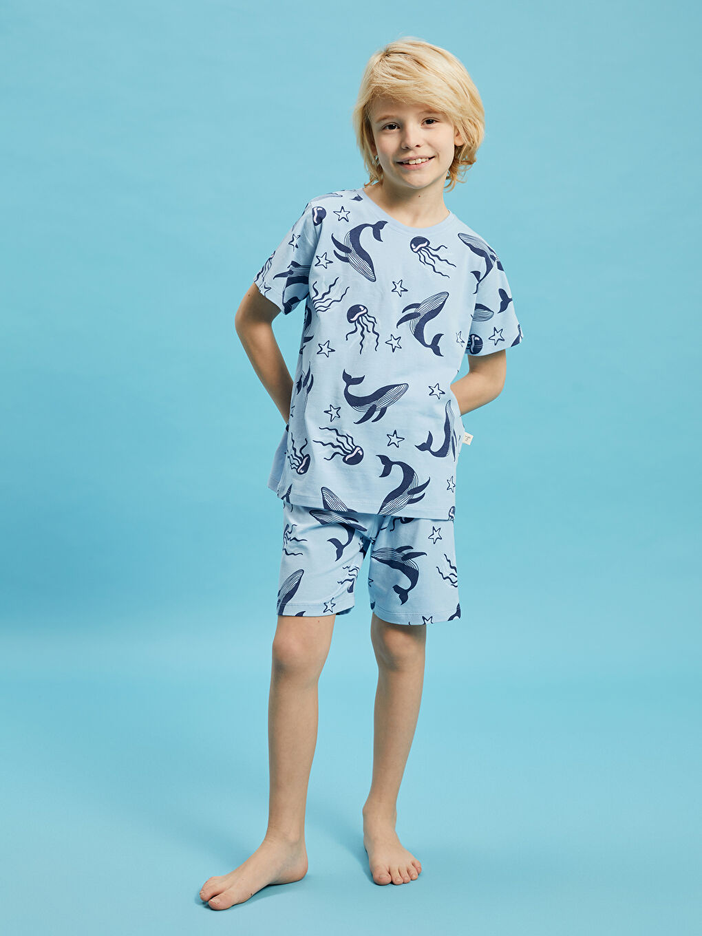 Mavi Bisiklet Yaka Baskılı Kısa Kollu Erkek Çocuk Şortlu Pijama Takımı-1