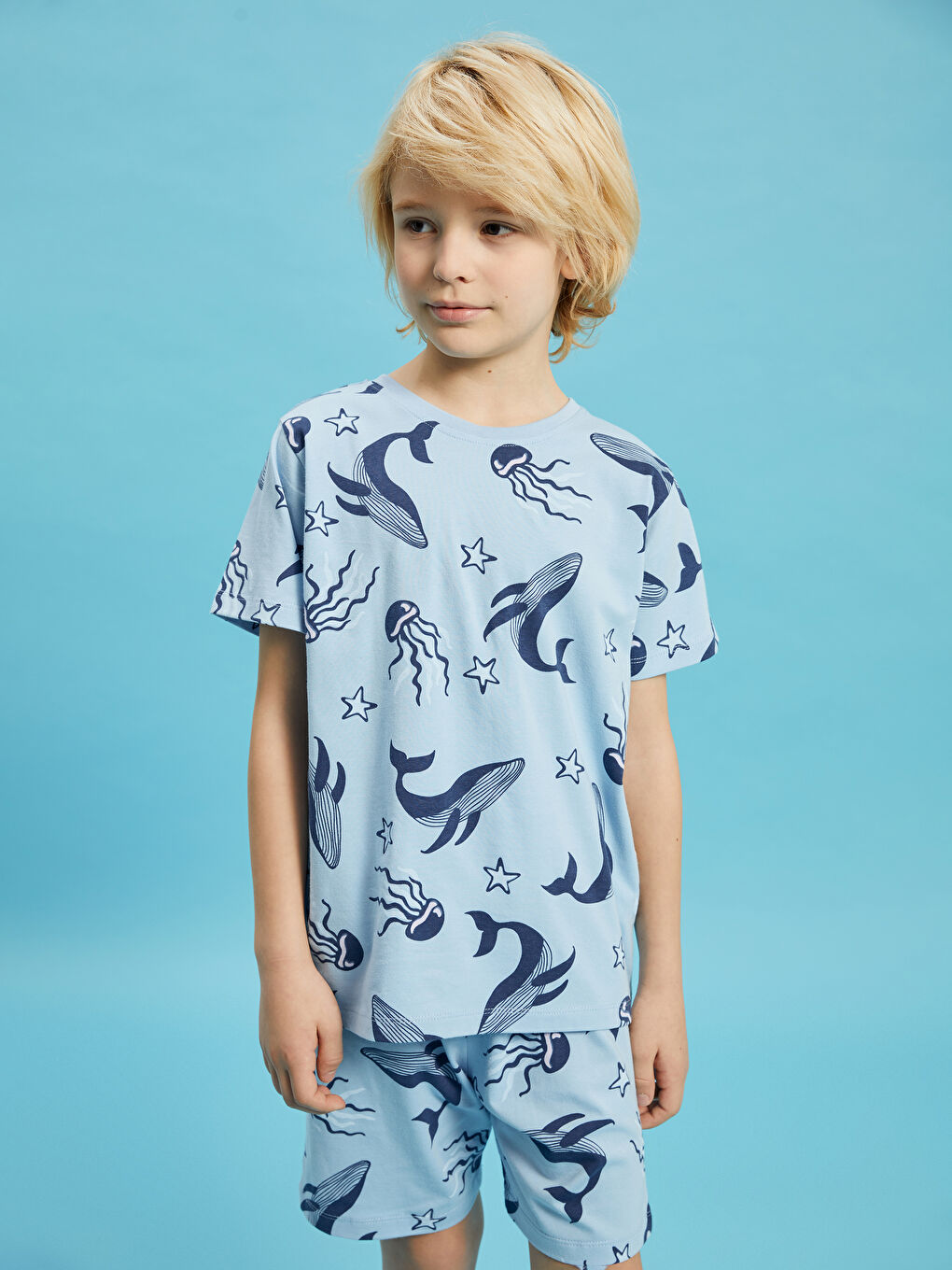 Mavi Bisiklet Yaka Baskılı Kısa Kollu Erkek Çocuk Şortlu Pijama Takımı-2