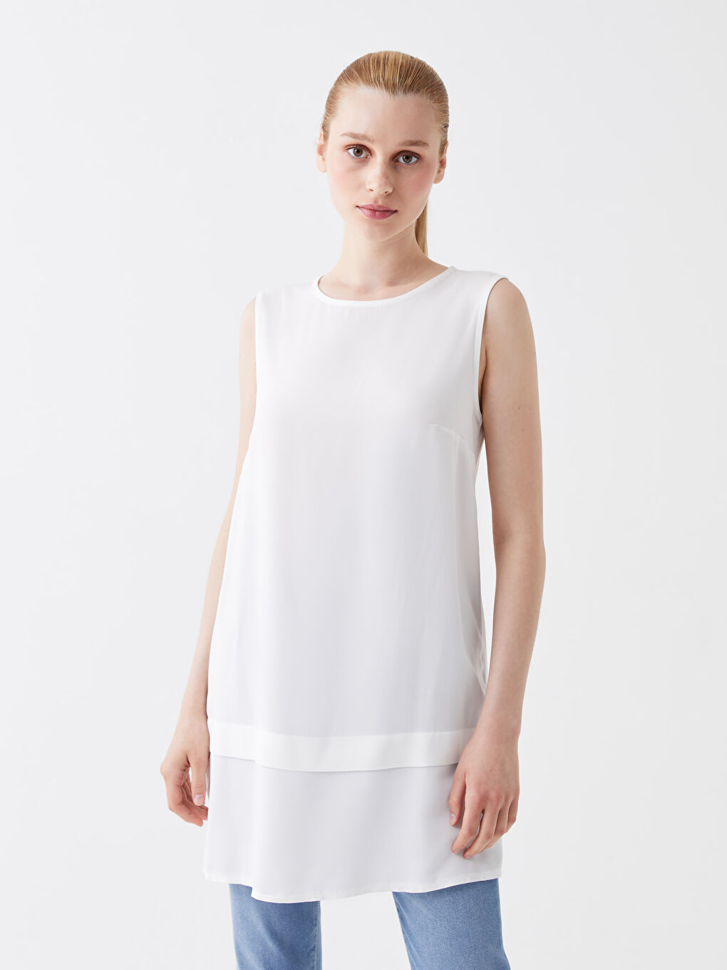 Ekru Kadın Bisiklet Yaka Düz Tunik