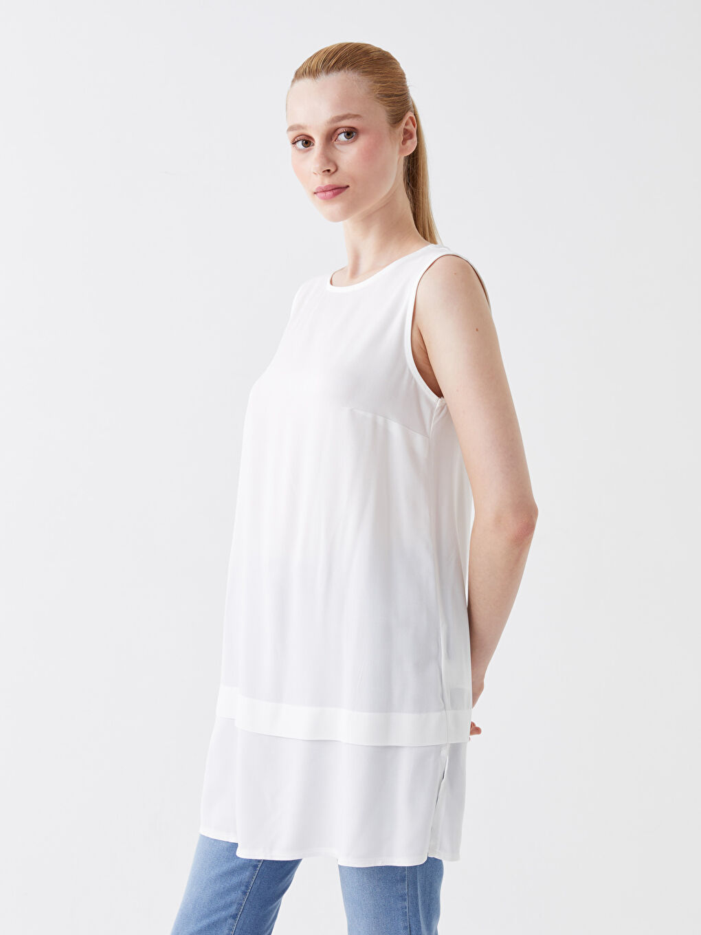 Ekru Kadın Bisiklet Yaka Düz Tunik-1