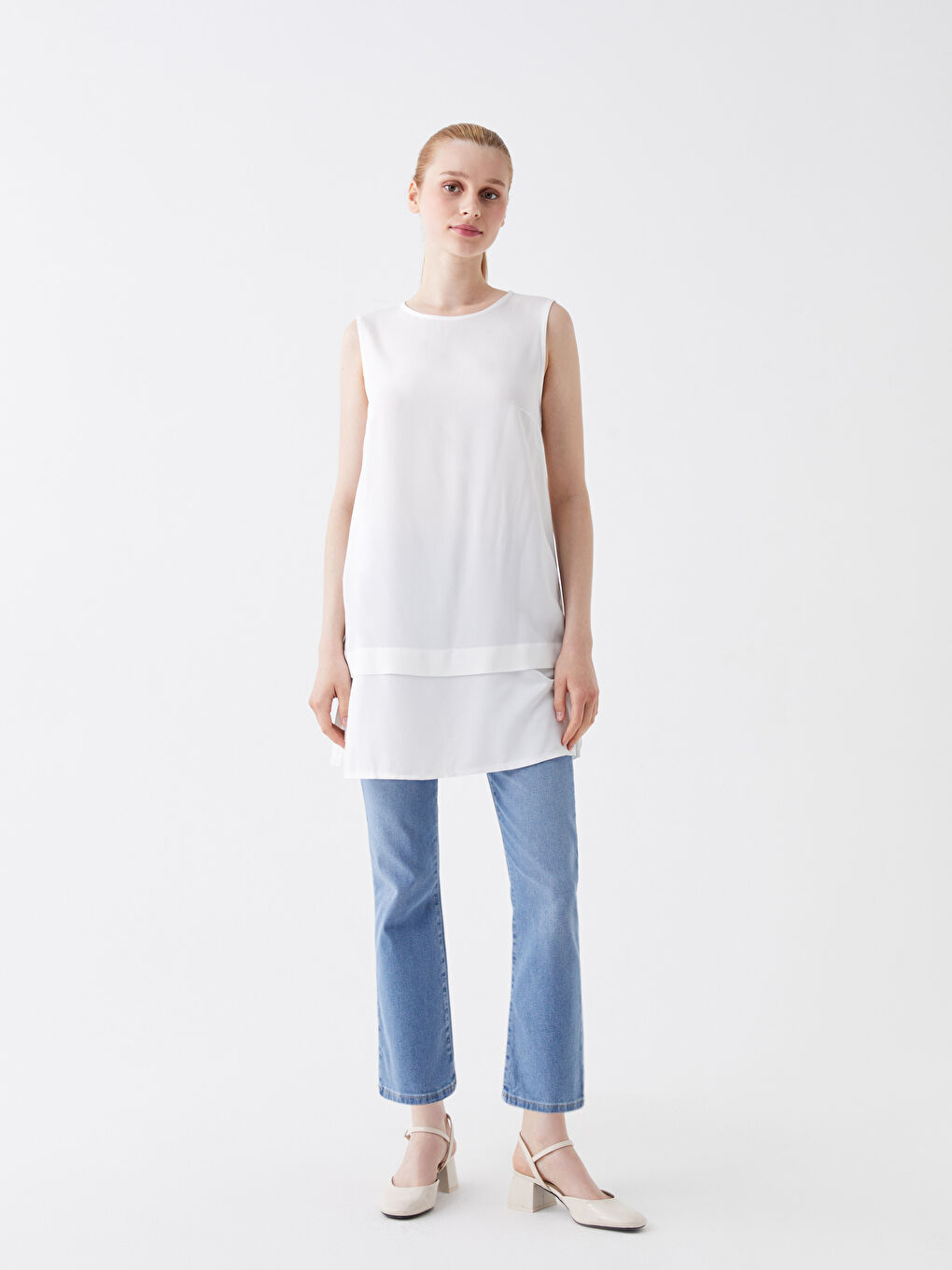 Ekru Kadın Bisiklet Yaka Düz Tunik-2