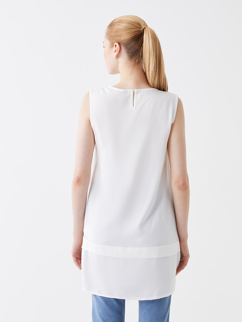 Ekru Kadın Bisiklet Yaka Düz Tunik-4