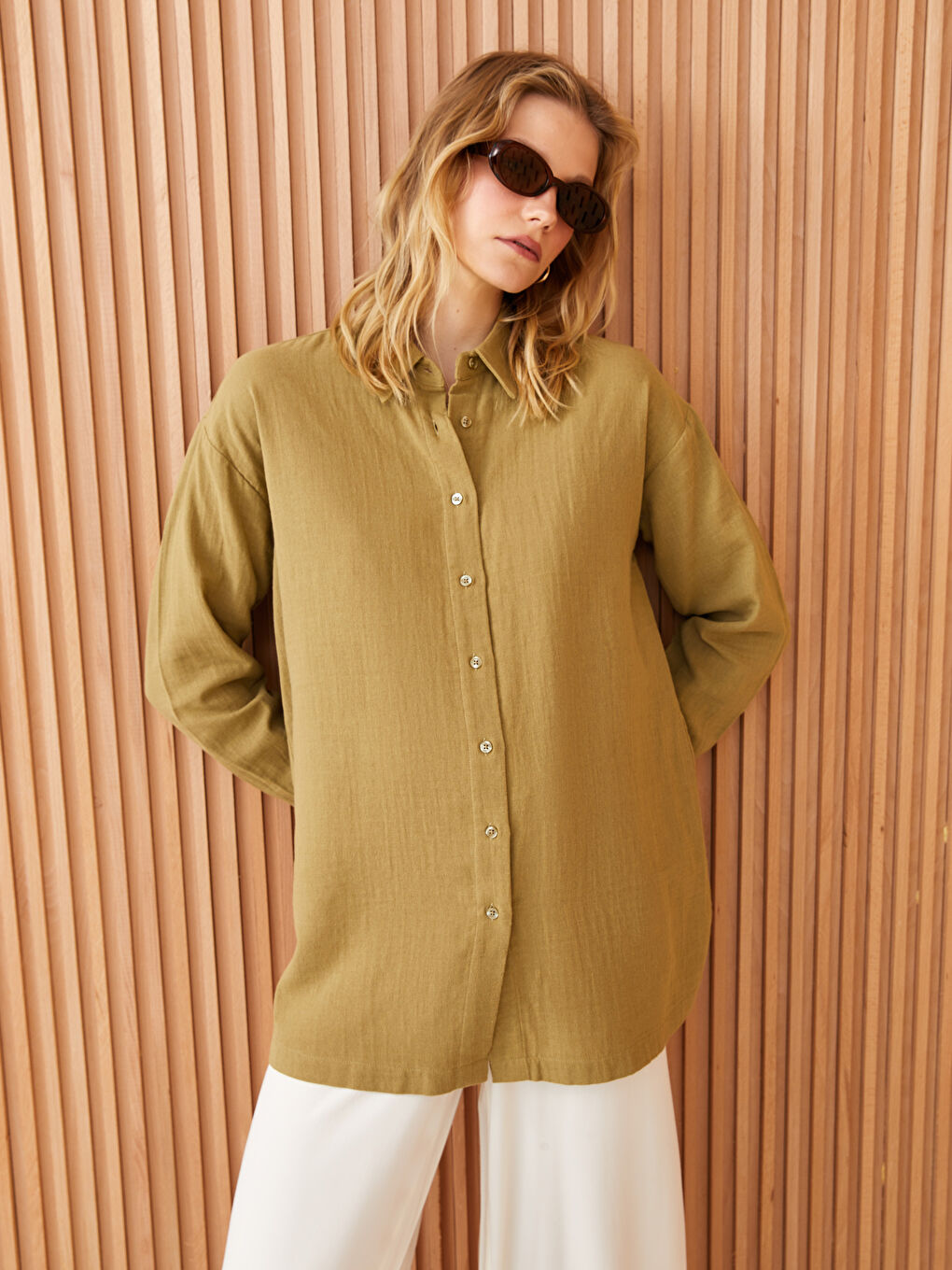 Plain Long Sleeve Oversize Muslin Women's Shirt Tunic-1