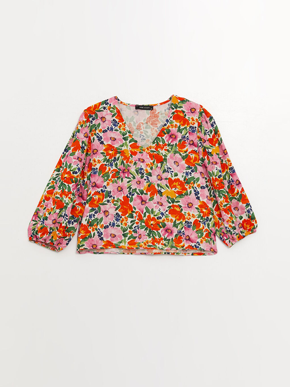 V-ს ფორმის დეკოლტე ყვავილოვანი ლინენის ნაზავი ქალებისთვის ბლუზი-5