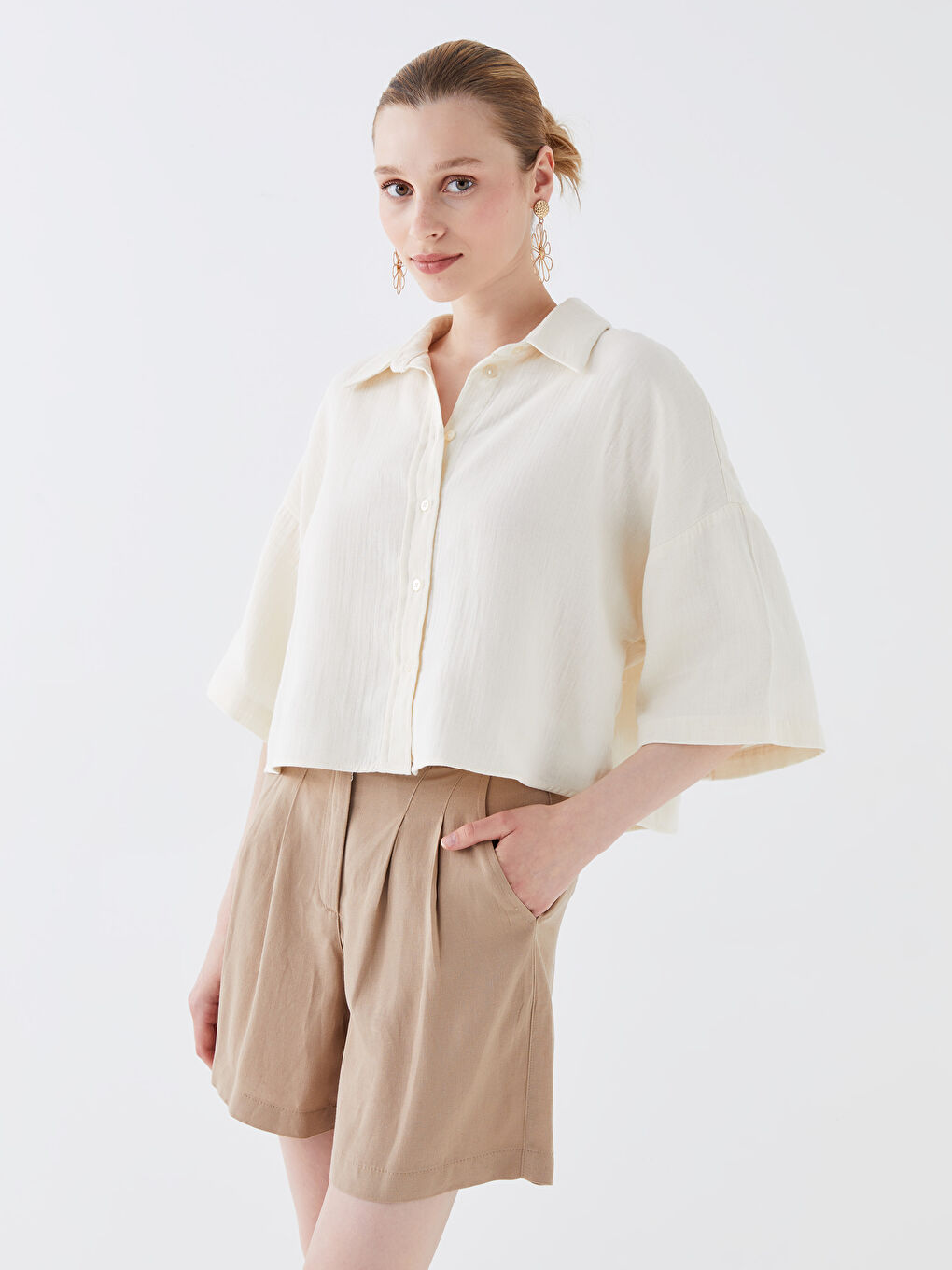 Cămașă Crop Simplă Supradimensionată din Muselină pentru Femei