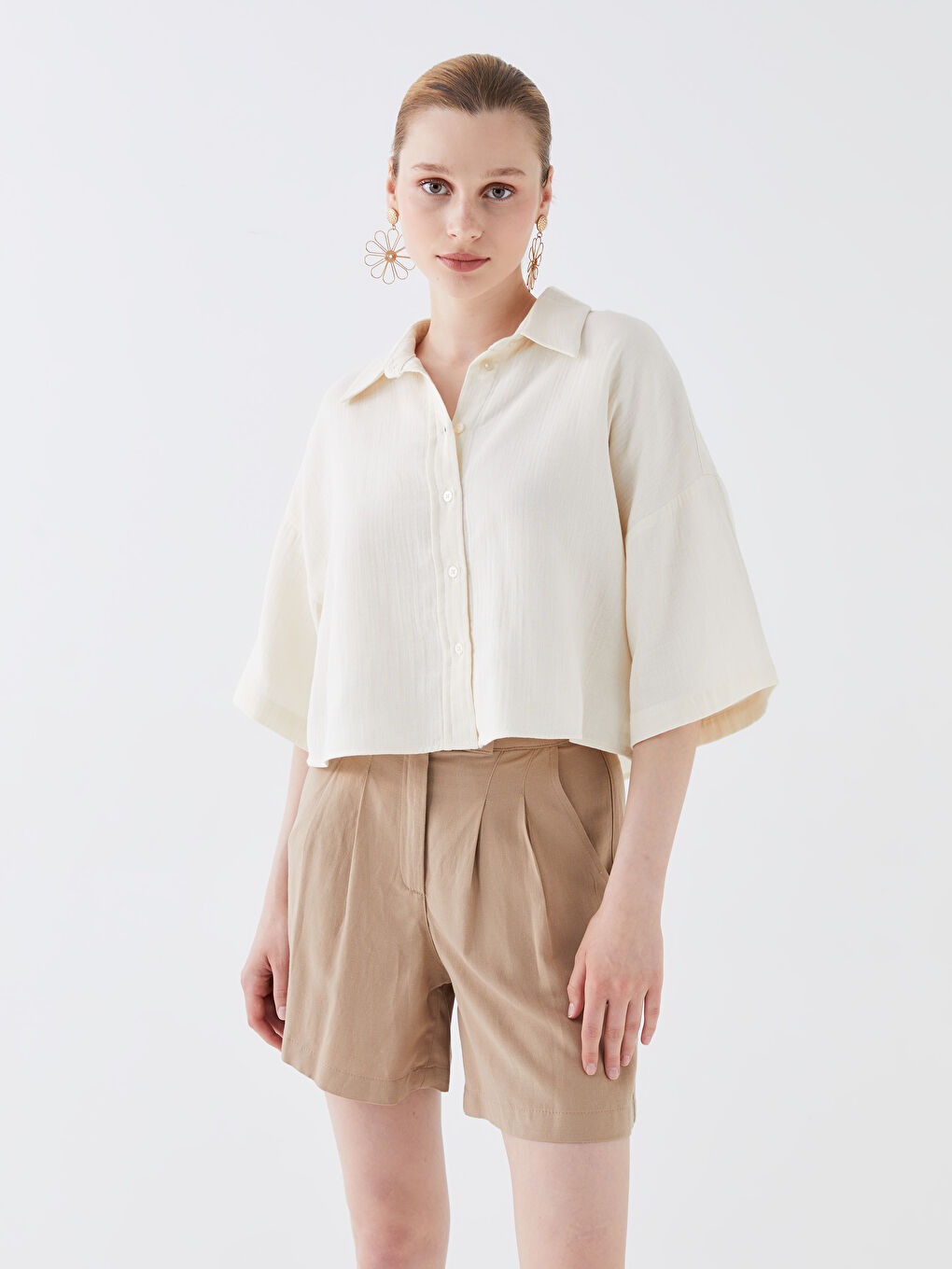 Cămașă Crop Simplă Supradimensionată din Muselină pentru Femei-1