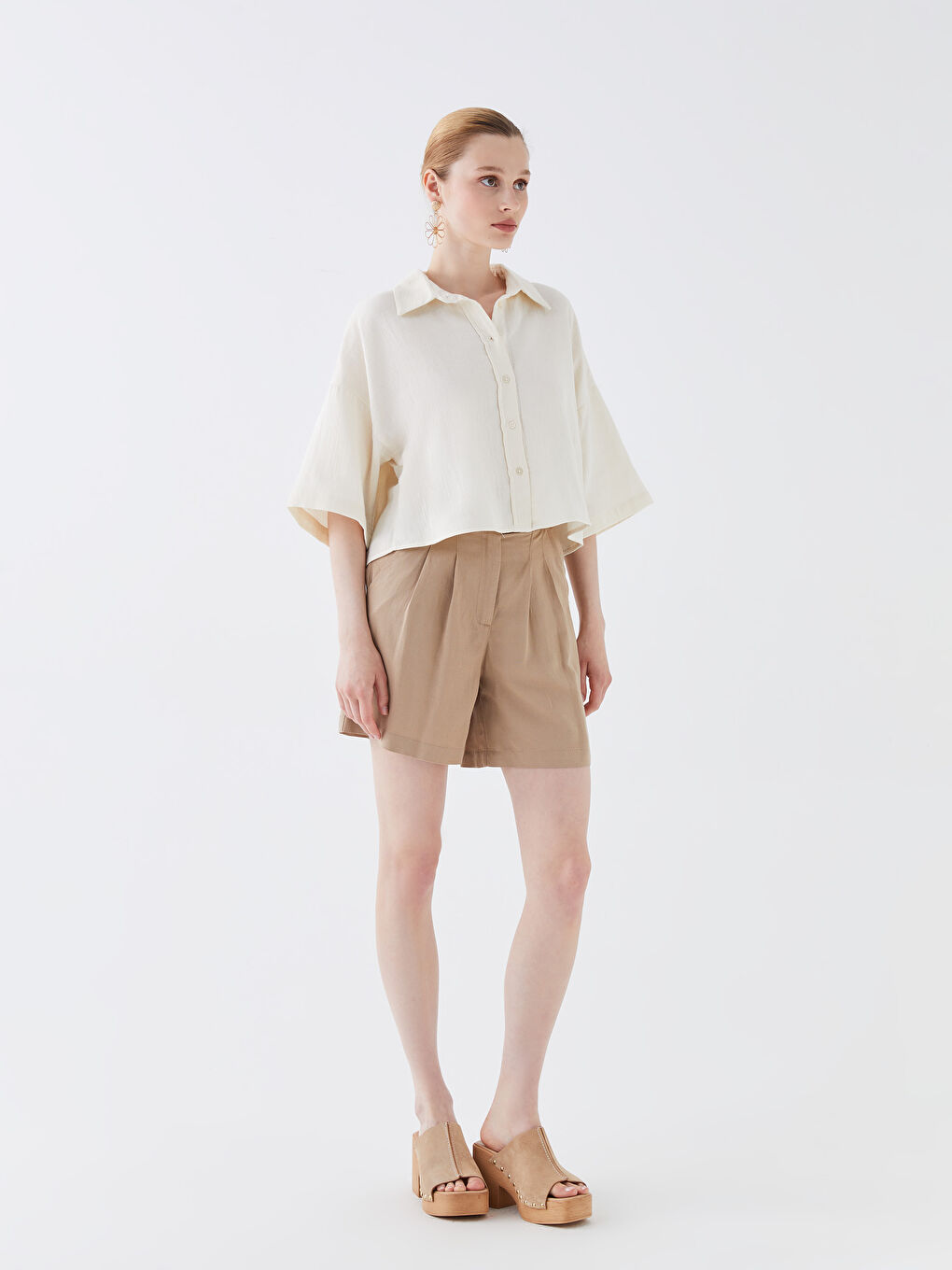 Cămașă Crop Simplă Supradimensionată din Muselină pentru Femei-2
