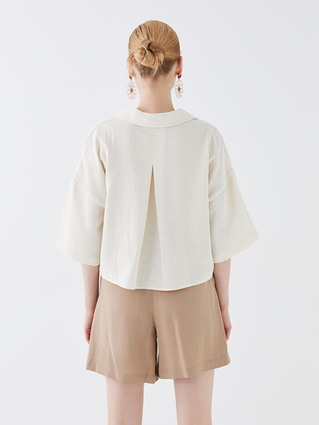 Cămașă Crop Simplă Supradimensionată din Muselină pentru Femei-4