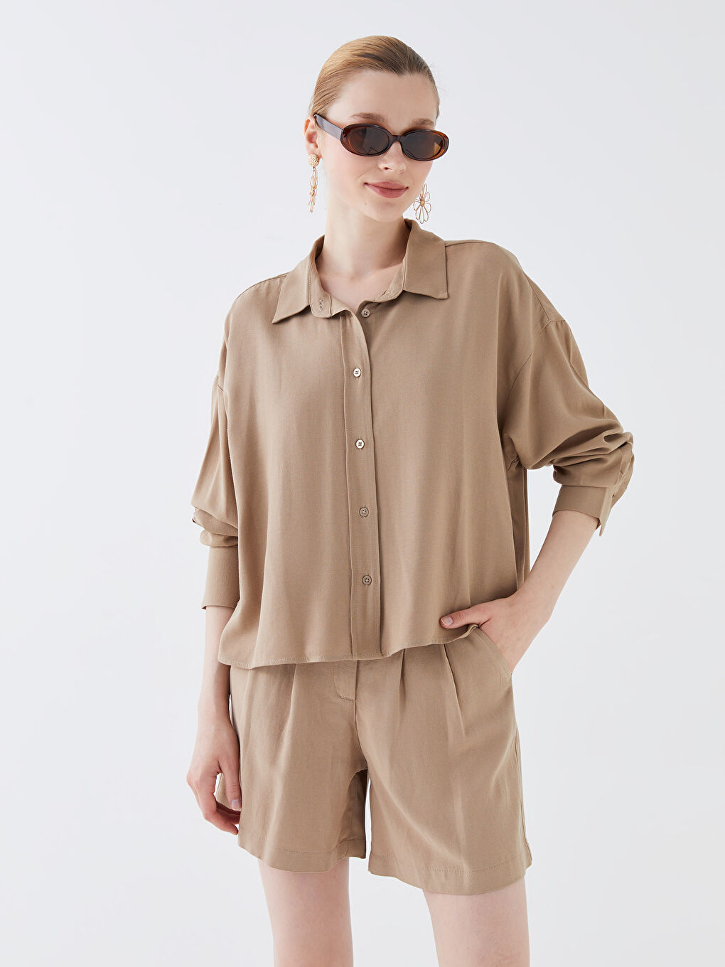 Plain Long Sleeve Oversize Linen Blend Women's Shirt-1