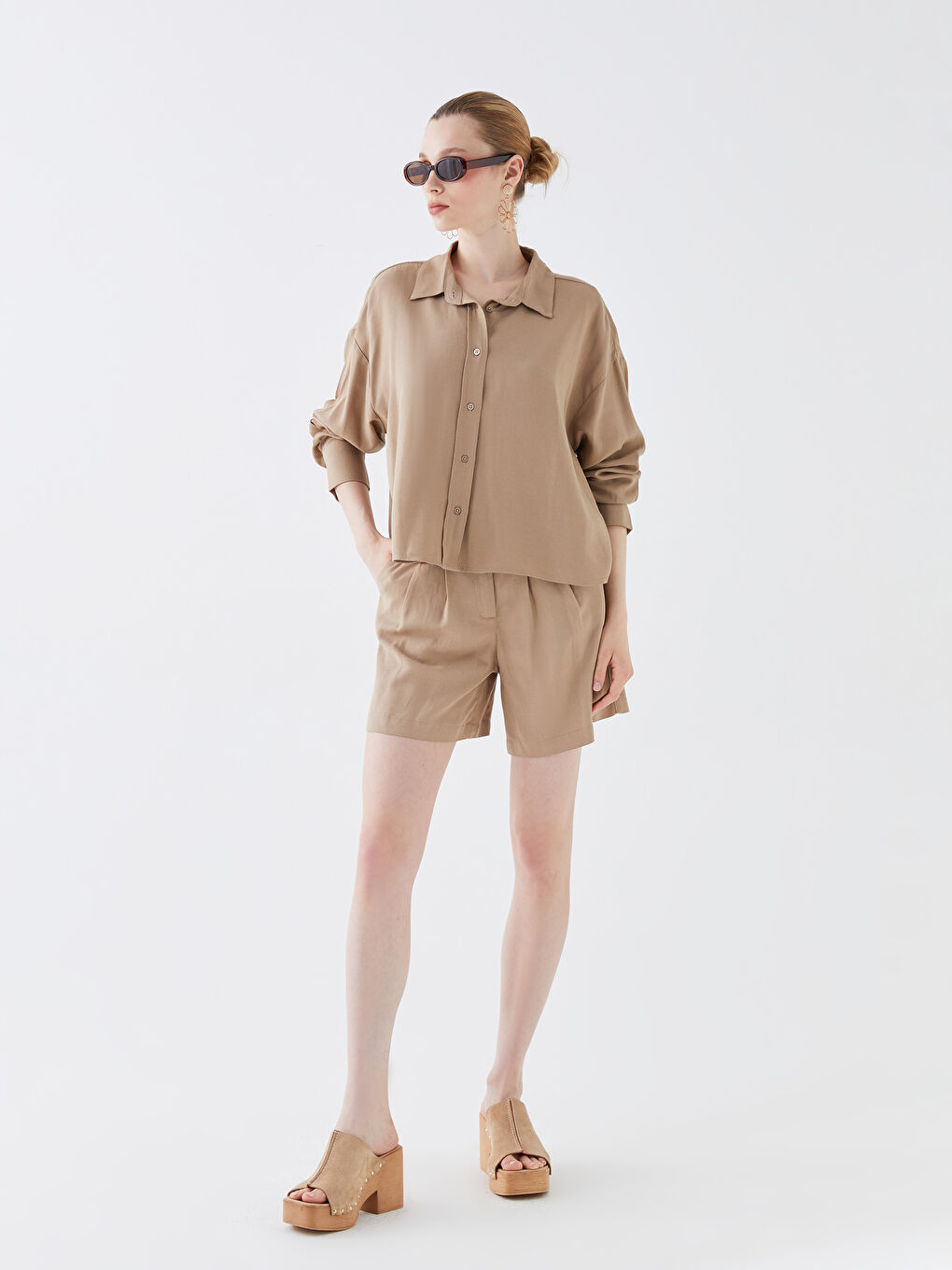 Plain Long Sleeve Oversize Linen Blend Women's Shirt-2