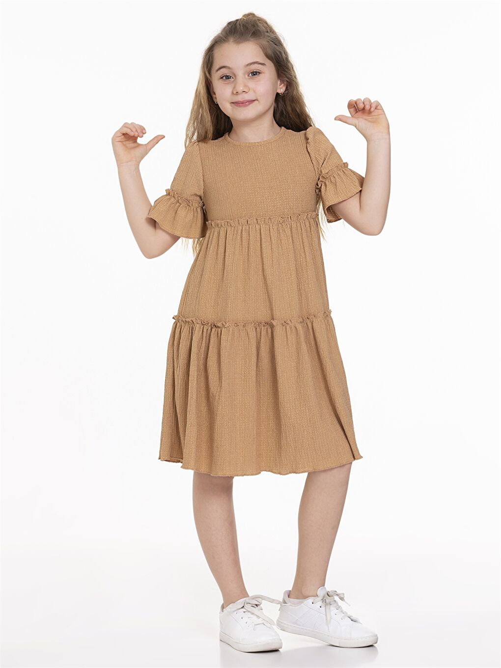 Bej Bisiklet Yaka Kısa Kollu Kız Çocuk Elbise