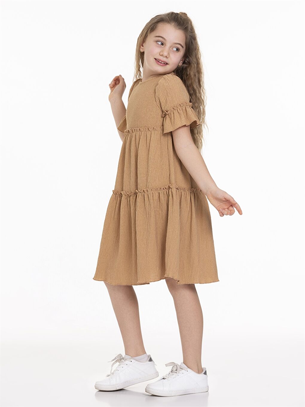 Bej Bisiklet Yaka Kısa Kollu Kız Çocuk Elbise-1