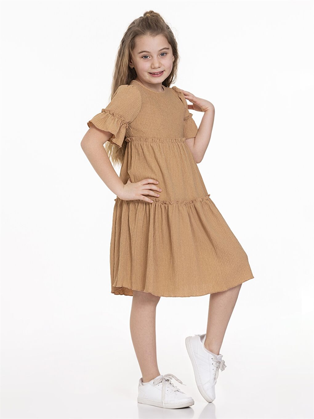 Bej Bisiklet Yaka Kısa Kollu Kız Çocuk Elbise-2