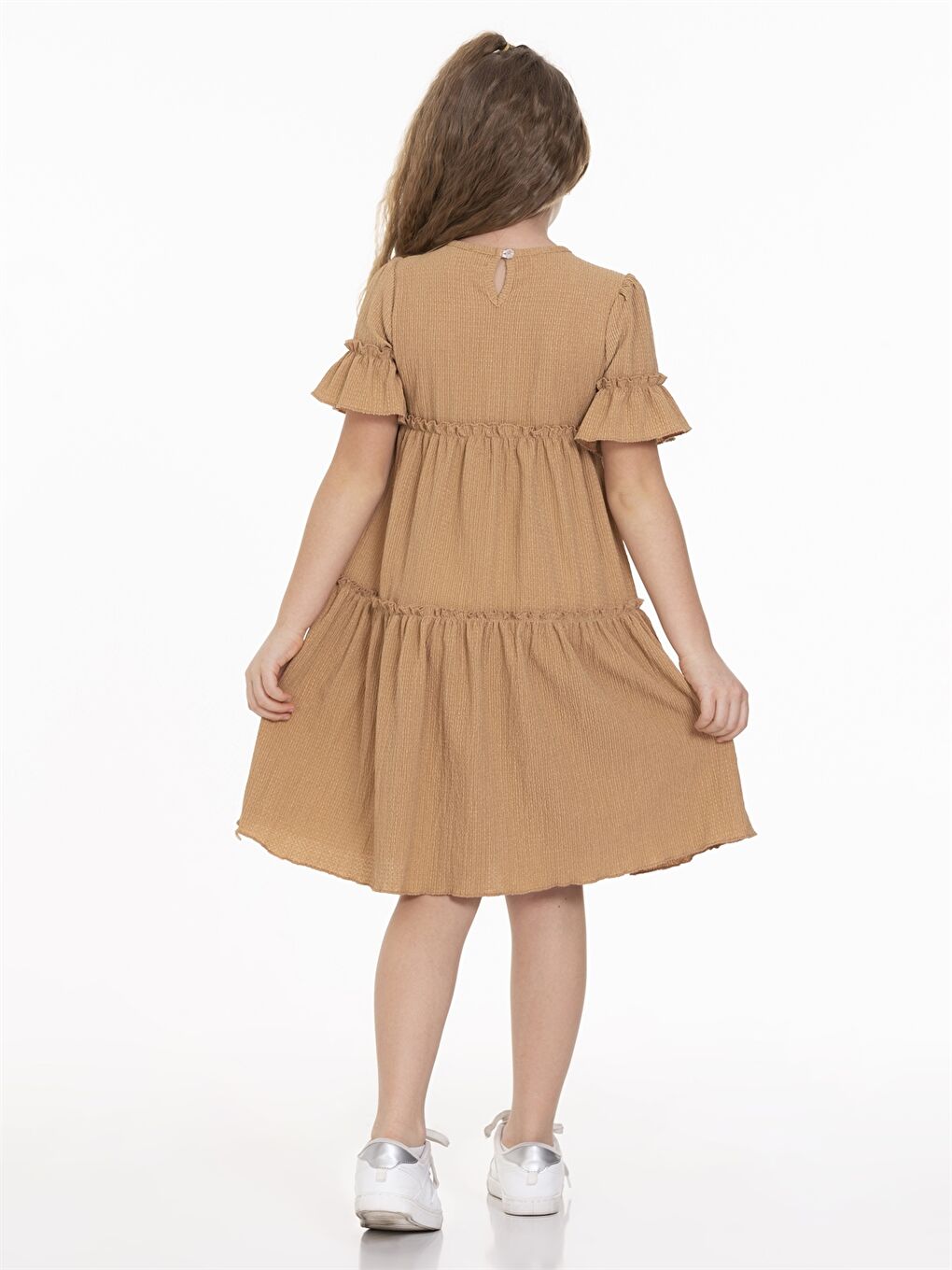 Bej Bisiklet Yaka Kısa Kollu Kız Çocuk Elbise-3