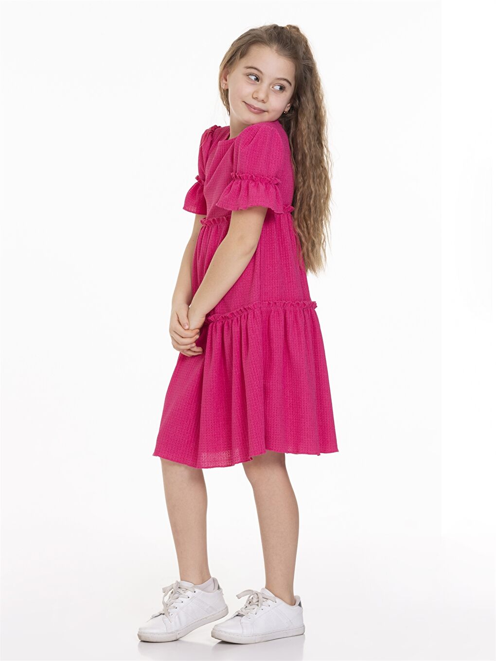 Fuşya Bisiklet Yaka Kısa Kollu Kız Çocuk Elbise-1