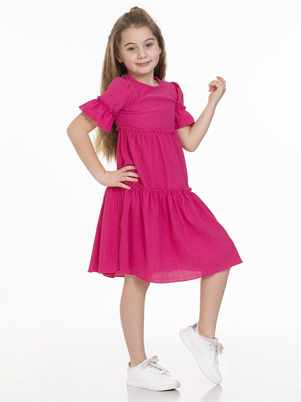 Fuşya Bisiklet Yaka Kısa Kollu Kız Çocuk Elbise-2