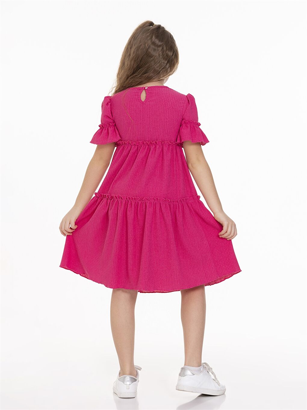 Fuşya Bisiklet Yaka Kısa Kollu Kız Çocuk Elbise-3