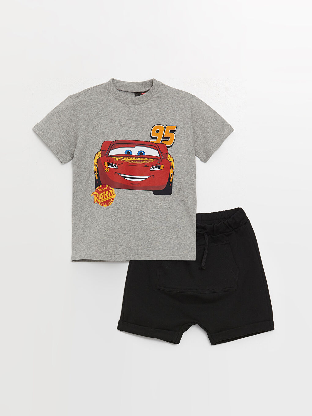 تيشيرت و شورت أولاد رضع مطبوع عليه سيارات بياقة دائرية و كم قصير - طقم من قطعتين