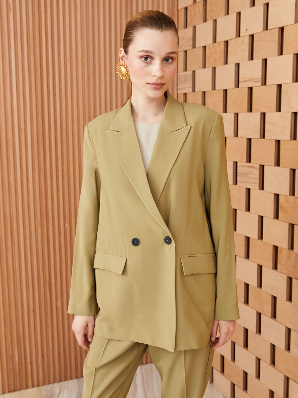 Haki Düz Uzun Kollu Kadın Blazer Ceket