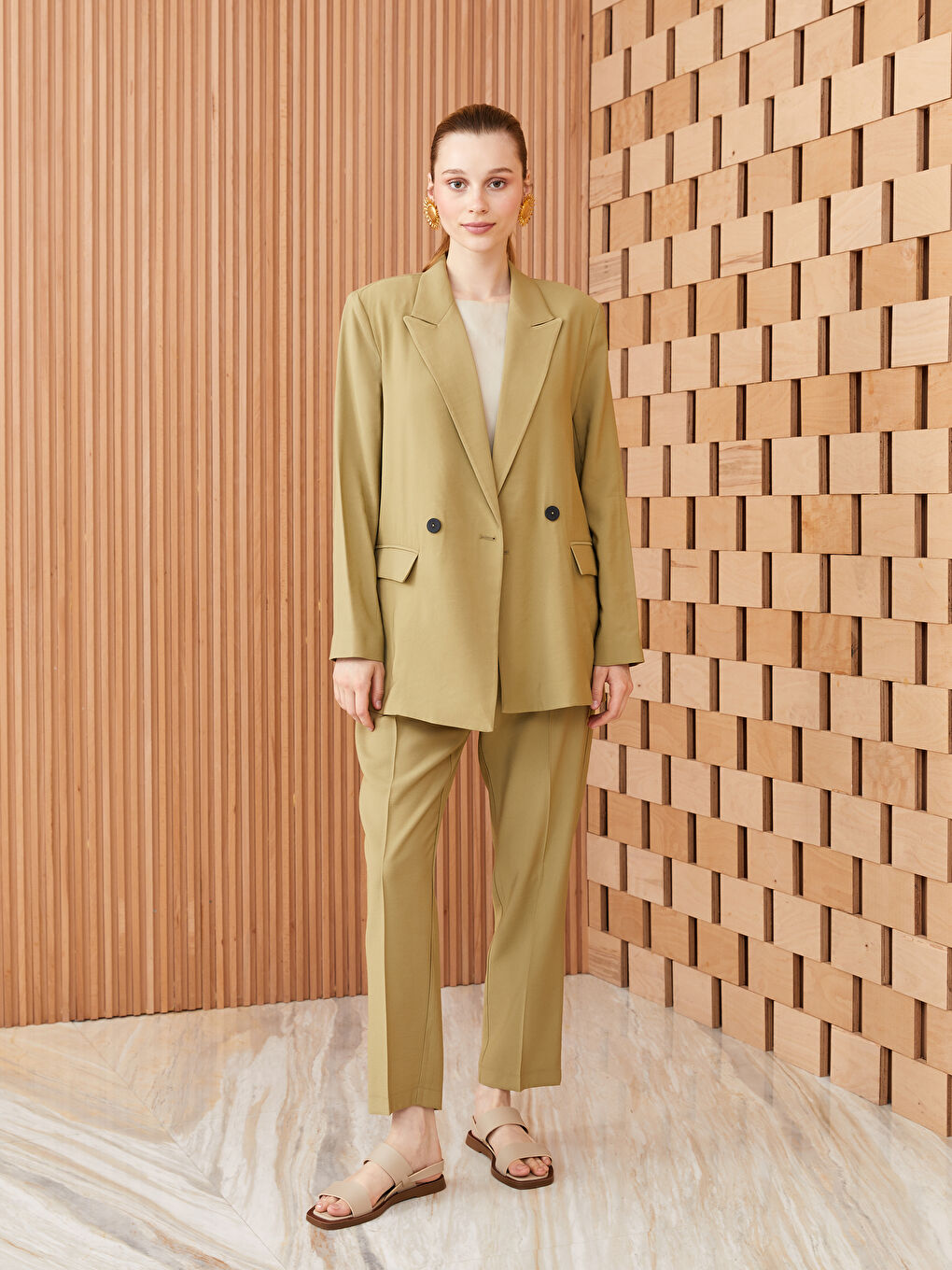 Haki Düz Uzun Kollu Kadın Blazer Ceket-2