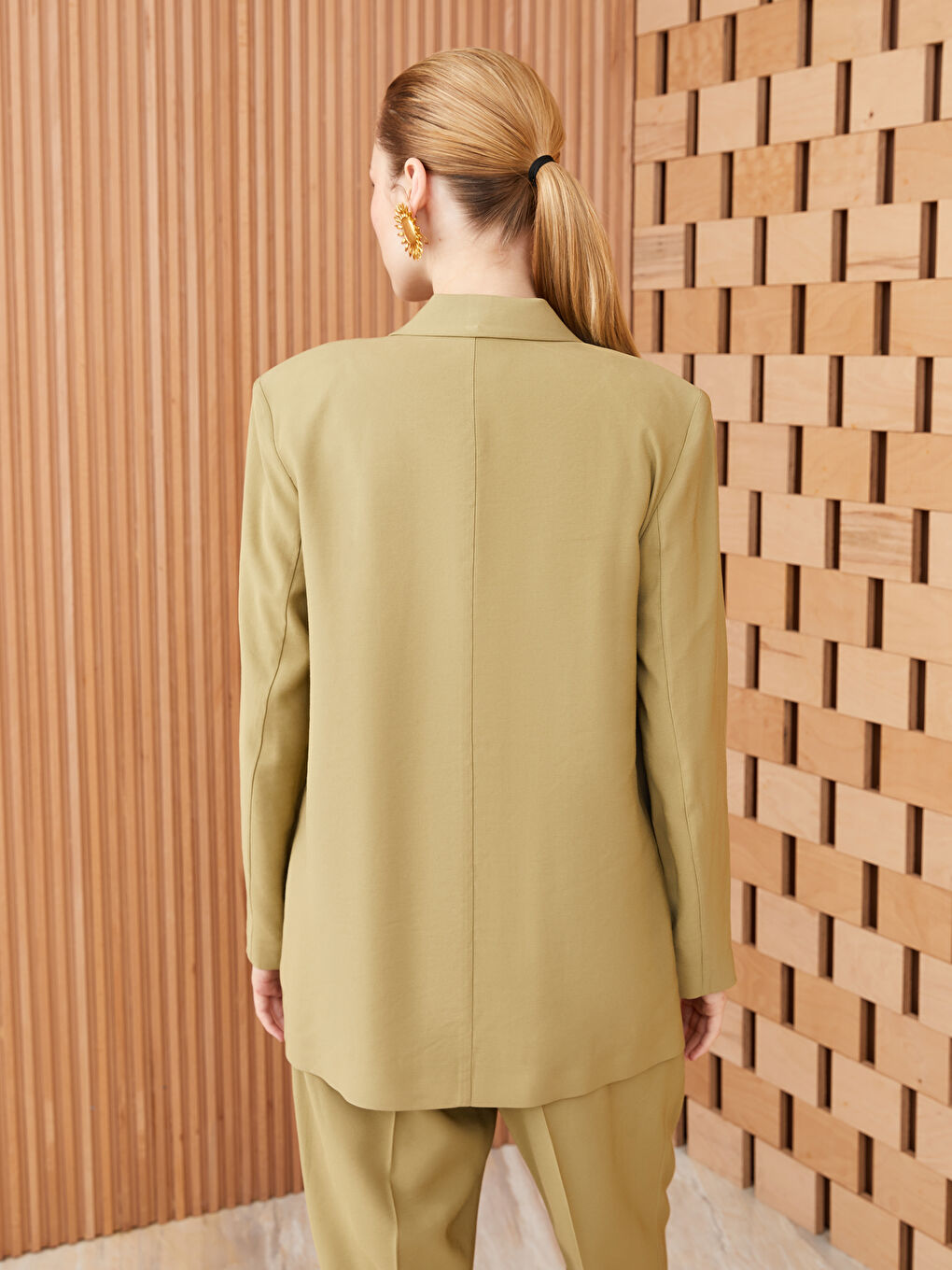 Haki Düz Uzun Kollu Kadın Blazer Ceket-4