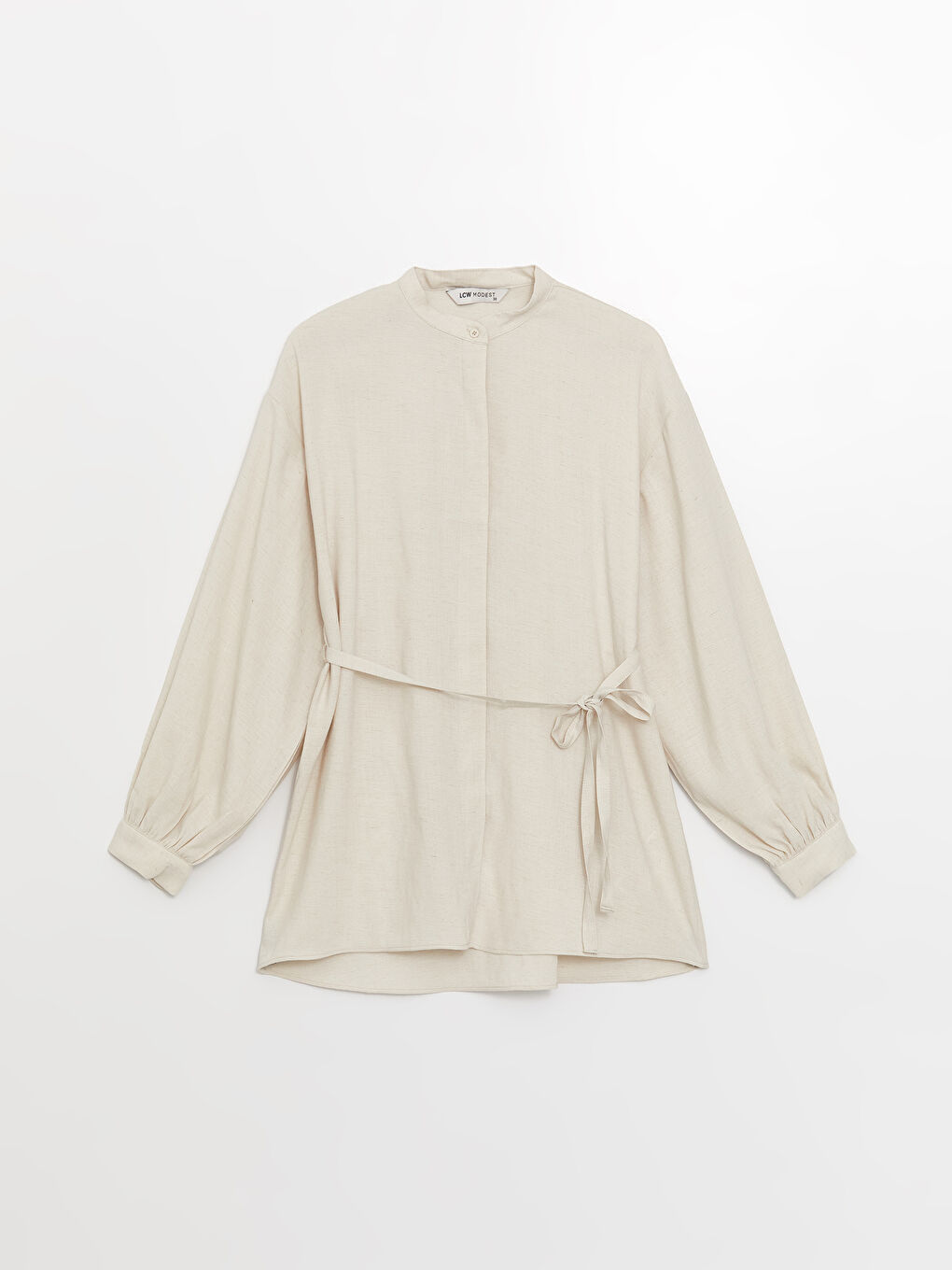 Bej Hakim Yaka Düz Uzun Kollu Keten Karışımlı Kadın Tunik-5