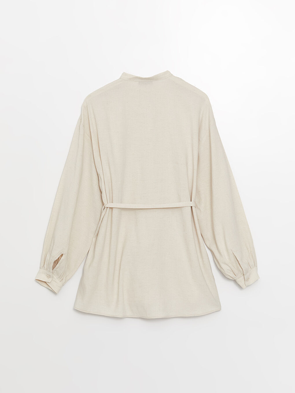 Bej Hakim Yaka Düz Uzun Kollu Keten Karışımlı Kadın Tunik-6