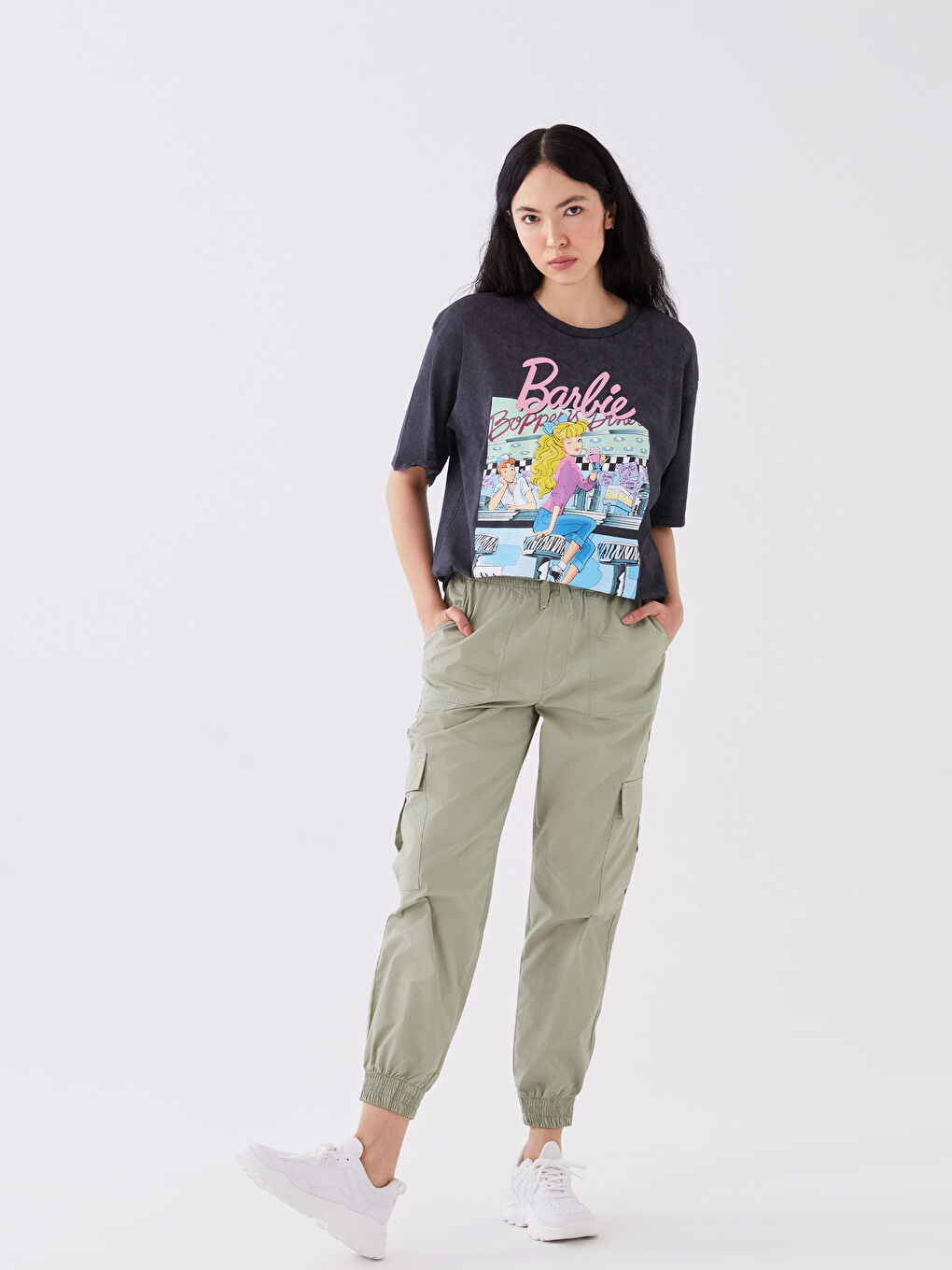 Yeşil Kadın Beli Lastikli Düz Paraşüt Pantolon