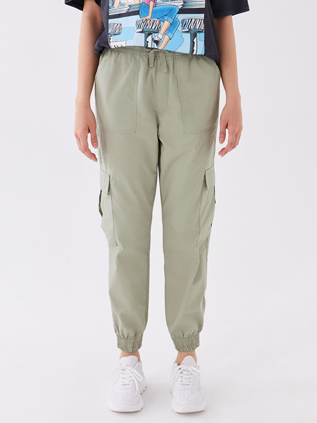 Yeşil Kadın Beli Lastikli Düz Paraşüt Pantolon-3