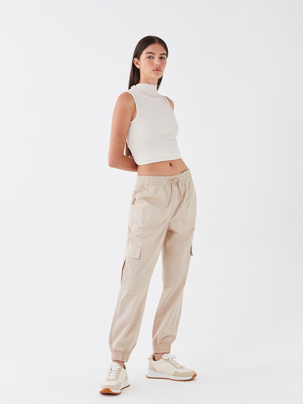 Women's Elasticated Waist Plain Parachute Trousers-1