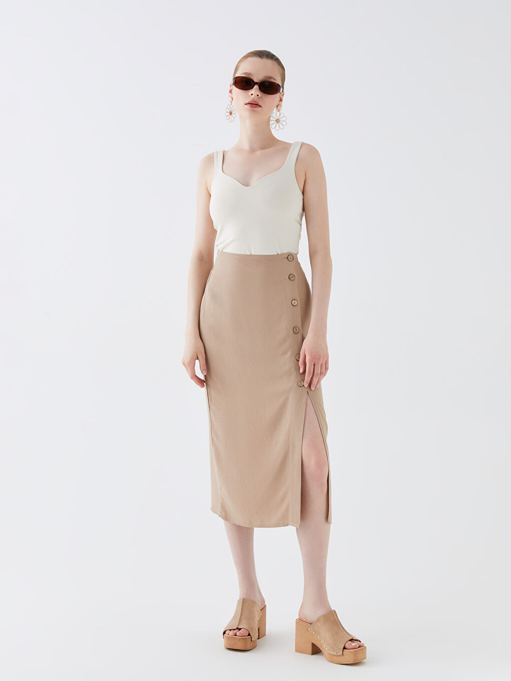 Standard Fit Plain Linen Blend Women's Skirt -S3IU93Z8-QZ0