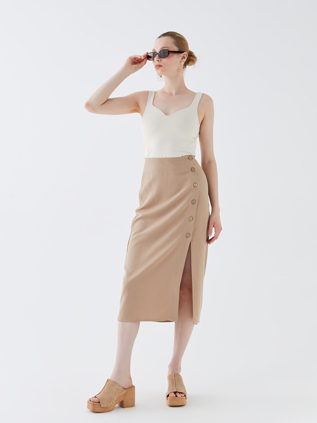 Standard Fit Plain Linen Blend Women's Skirt -S3IU93Z8-QZ0