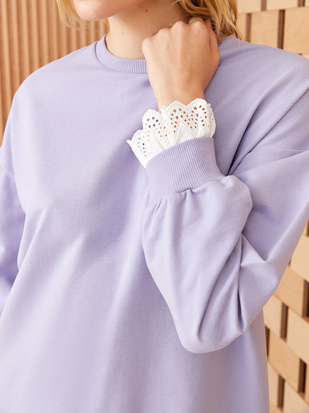 Lila Dik Yaka Düz Uzun Kollu Oversize Kadın Sweatshirt Tunik-3