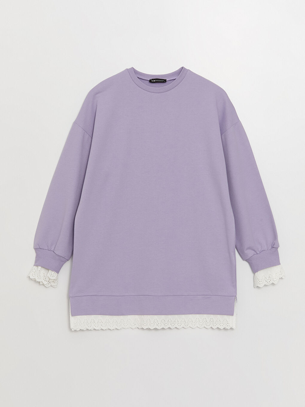 Lila Dik Yaka Düz Uzun Kollu Oversize Kadın Sweatshirt Tunik-5